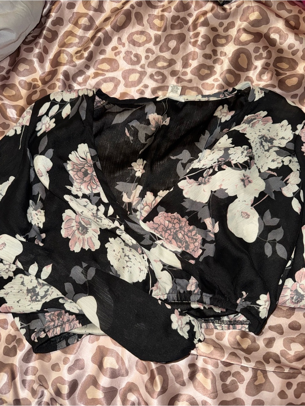 Charlotte Russe Black Floral Wrap Blouse with Pink & White Blooms